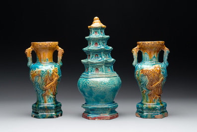 A Chinese sancai three-piece altar garniture, Ming