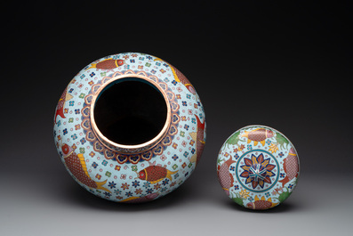 A pair of Chinese cloisonn&eacute; 'carps' vases and covers, Republic