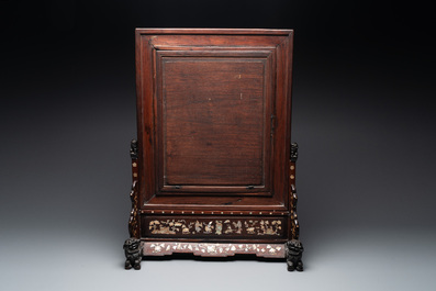 A Chinese mother-of-pearl-inlaid wooden table screen with silk embroidery, Canton, 19th C.