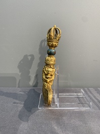 A Sino-Tibetan gilt copper and cloisonn&eacute; vajra kartika with inscriptions, 19/20th C.