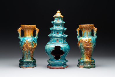 A Chinese sancai three-piece altar garniture, Ming