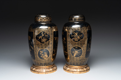 A pair of Chinese gilt-decorated mirror-black-glazed jars and covers on gilt bronze mounts, 19th C.