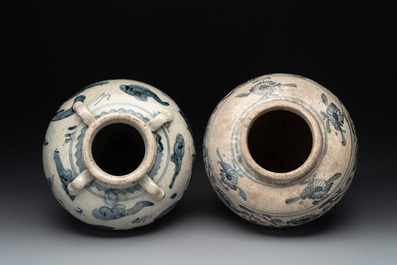 Two Chinese blue and white Swatow jars with dragons and flowers, Ming