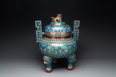 A large Chinese cloisonn&eacute; 'dragon' tripod censer and cover, Republic