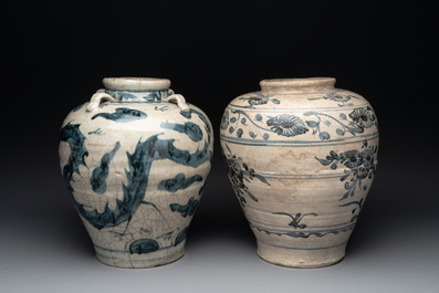 Two Chinese blue and white Swatow jars with dragons and flowers, Ming