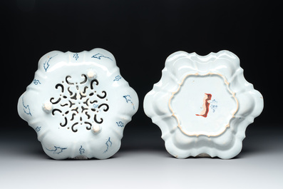 A blue and white Dutch Delft strawberry strainer and stand, 18th C.