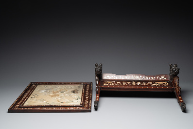 A Chinese mother-of-pearl-inlaid wooden table screen with silk embroidery, Canton, 19th C.