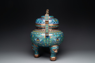 A large Chinese cloisonn&eacute; 'dragon' tripod censer and cover, Republic