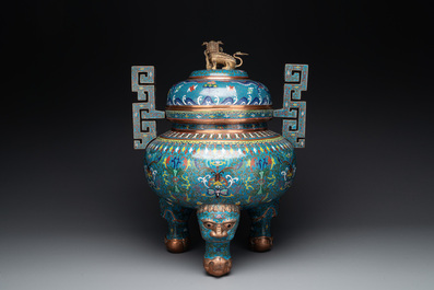 A large Chinese cloisonn&eacute; 'dragon' tripod censer and cover, Republic