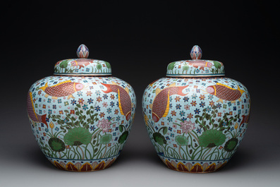 A pair of Chinese cloisonn&eacute; 'carps' vases and covers, Republic