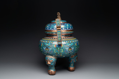 A large Chinese cloisonn&eacute; 'dragon' tripod censer and cover, Republic