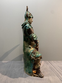 An impressive and fine Chinese sancai-glazed biscuit Guandi, Ming, 17th C.