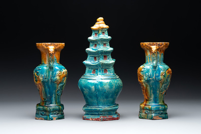 A Chinese sancai three-piece altar garniture, Ming