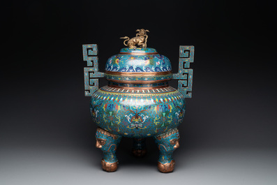 A large Chinese cloisonn&eacute; 'dragon' tripod censer and cover, Republic