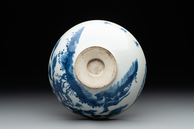 A Chinese blue and white 'Bleu de Hue' 'roosters and chick' plaque in a carved wooden screen and a bowl, 19th C.