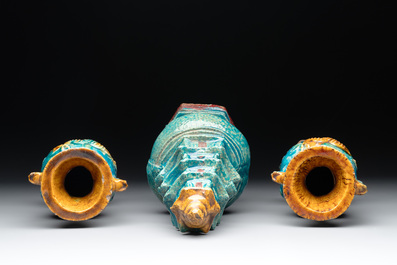 A Chinese sancai three-piece altar garniture, Ming