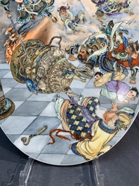 An oval Chinese polychrome-decorated 'Monkey King 孫悟空' plaque, 20th C.