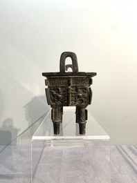 A Chinese archaistic gold and silver-inlaid bronze rectangular bronze censer, 'fangding 方鼎', Ming