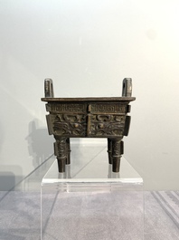 A Chinese archaistic gold and silver-inlaid bronze rectangular bronze censer, 'fangding 方鼎', Ming