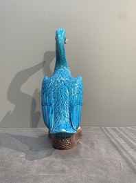 Two Chinese white-glazed Bodhisattva, a sancai-glazed duck and a turquoise-glazed lion, 20th C.