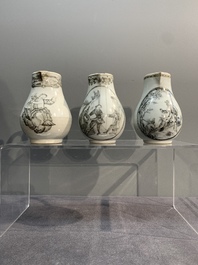 Three various Chinese gilt-decorated grisaille 'European subject' milk jugs, Qianlong