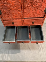 A Chinese cinnabar lacquer 'mountainous landscape' cabinet on a stand, 19th C.