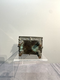 A Chinese archaistic gold and silver-inlaid bronze rectangular bronze censer, 'fangding 方鼎', Ming