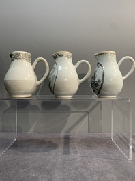 Three various Chinese gilt-decorated grisaille 'European subject' milk jugs, Qianlong