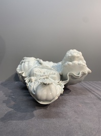 Two Chinese white-glazed Bodhisattva, a sancai-glazed duck and a turquoise-glazed lion, 20th C.