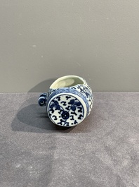 A Chinese blue and white tea caddy with wooden cover and a bird feeder, Xuande mark, 19th C.