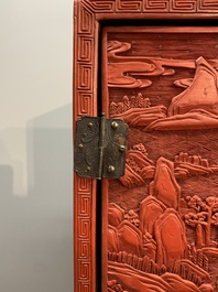 A Chinese cinnabar lacquer 'mountainous landscape' cabinet on a stand, 19th C.