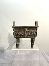 A Chinese archaistic gold and silver-inlaid bronze rectangular bronze censer, 'fangding 方鼎', Ming