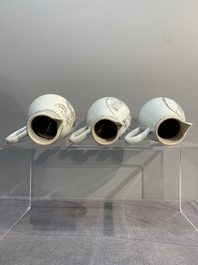Three various Chinese gilt-decorated grisaille 'European subject' milk jugs, Qianlong