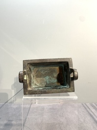 A Chinese archaistic gold and silver-inlaid bronze rectangular bronze censer, 'fangding 方鼎', Ming