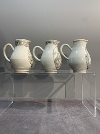 Three various Chinese gilt-decorated grisaille 'European subject' milk jugs, Qianlong
