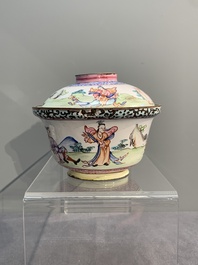 A Chinese Canton enamel 'foreigners' bowl and cover and a 'erotical subject' plate, Yongzheng/Qianlong