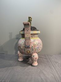 A large and impressive Chinese famille rose 'bajixiang and lotus scroll' censer with a wooden cover, Jiaqing mark and of the period