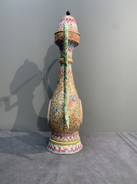 A large Chinese yellow-ground Canton enamel ewer and cover, Qianlong