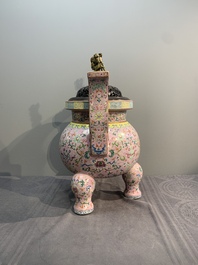 A large and impressive Chinese famille rose 'bajixiang and lotus scroll' censer with a wooden cover, Jiaqing mark and of the period