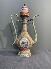 A large Chinese yellow-ground Canton enamel ewer and cover, Qianlong