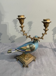 A pair of Chinese cloisonn&eacute; pigeons mounted as candelabras, 19th C.
