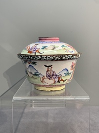 A Chinese Canton enamel 'foreigners' bowl and cover and a 'erotical subject' plate, Yongzheng/Qianlong