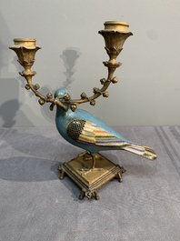 A pair of Chinese cloisonn&eacute; pigeons mounted as candelabras, 19th C.