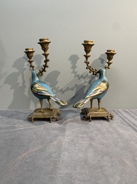 A pair of Chinese cloisonn&eacute; pigeons mounted as candelabras, 19th C.
