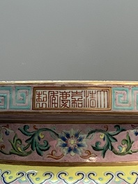 A large and impressive Chinese famille rose 'bajixiang and lotus scroll' censer with a wooden cover, Jiaqing mark and of the period