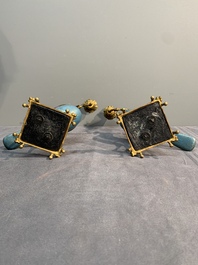 A pair of Chinese cloisonn&eacute; pigeons mounted as candelabras, 19th C.
