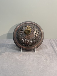 A large and impressive Chinese famille rose 'bajixiang and lotus scroll' censer with a wooden cover, Jiaqing mark and of the period