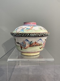 A Chinese Canton enamel 'foreigners' bowl and cover and a 'erotical subject' plate, Yongzheng/Qianlong