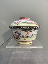 A Chinese Canton enamel 'foreigners' bowl and cover and a 'erotical subject' plate, Yongzheng/Qianlong