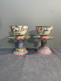 A pair of Chinese Canton enamel marriage bowls on stems, Yongzheng
